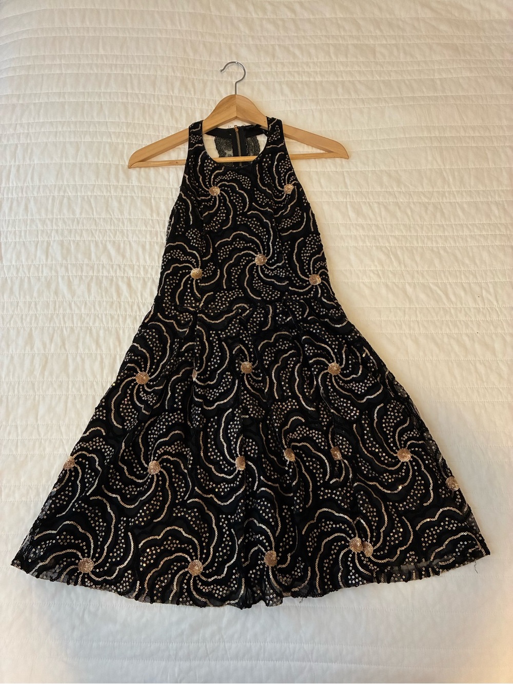 Soieblu Black Dress with Gold Sequin Swirl Accents